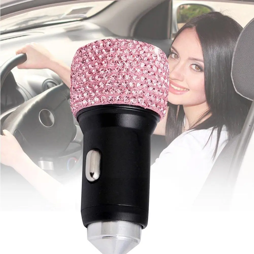 

1PCS Fashion Fine Aluminum Alloy + Crystal Car Phone Safety Hammer Fast-charged USB Automotive Charger Supplies Dual Interi T7K5