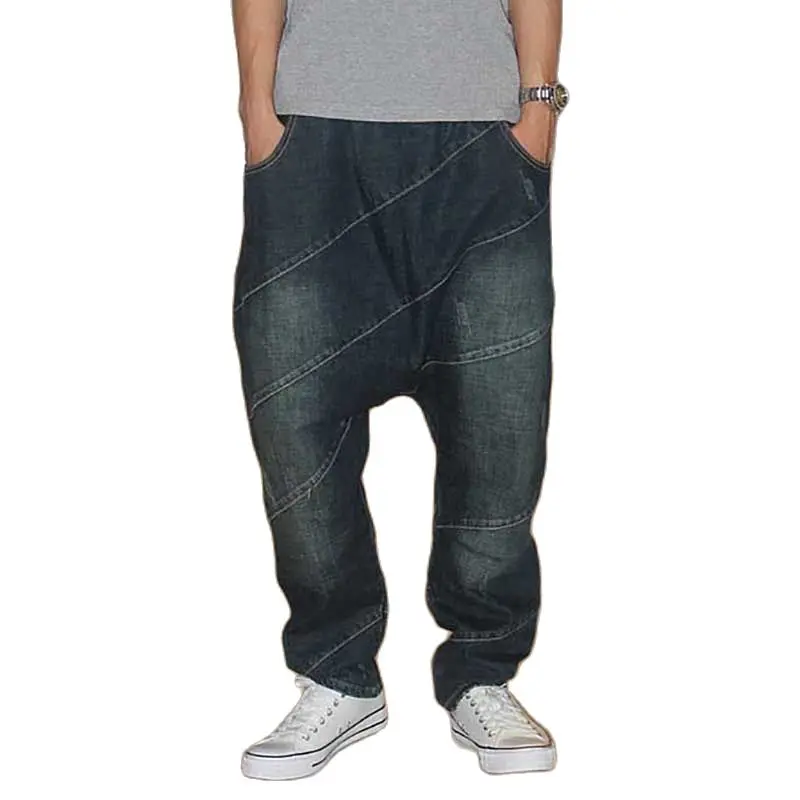 

Свободные мешковатые джинсы-шаровары, мужские, модные, лоскутные, в стиле хип-хоп, джинсовые брюки с низкой промежностью, с эластичным поясом, модные штаны для бега