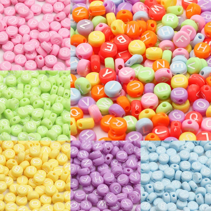 

Бусины-разделители с плоским алфавитом, 4 х 7 мм, разные яркие цвета буквы, круглые акриловые бусины, для изготовления ювелирных изделий, брас...