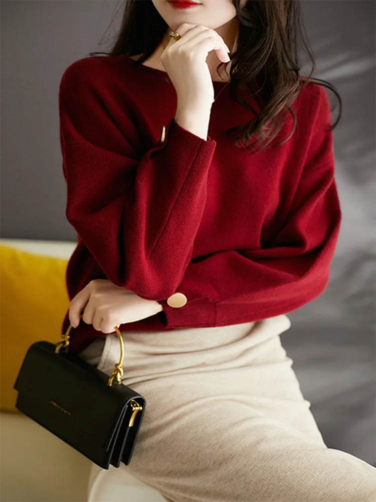 Свитер с круглым вырезом однотонный длинными рукавами осень 2021 | Женская одежда