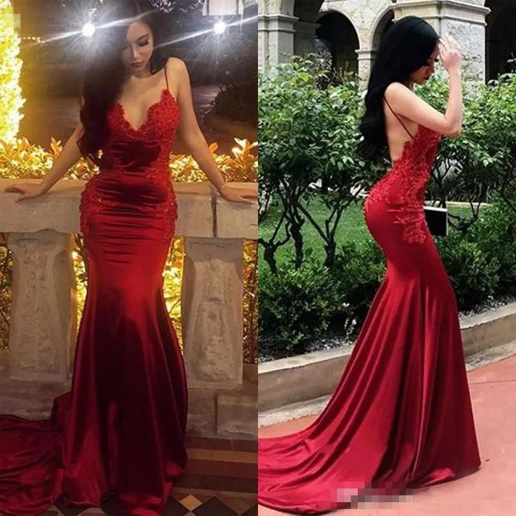 

Sexy Red Backless Mermaid Prom Dresses 2019 vestidos de fiesta largos elegantes de gala Applique Lace Imported Evening Dress