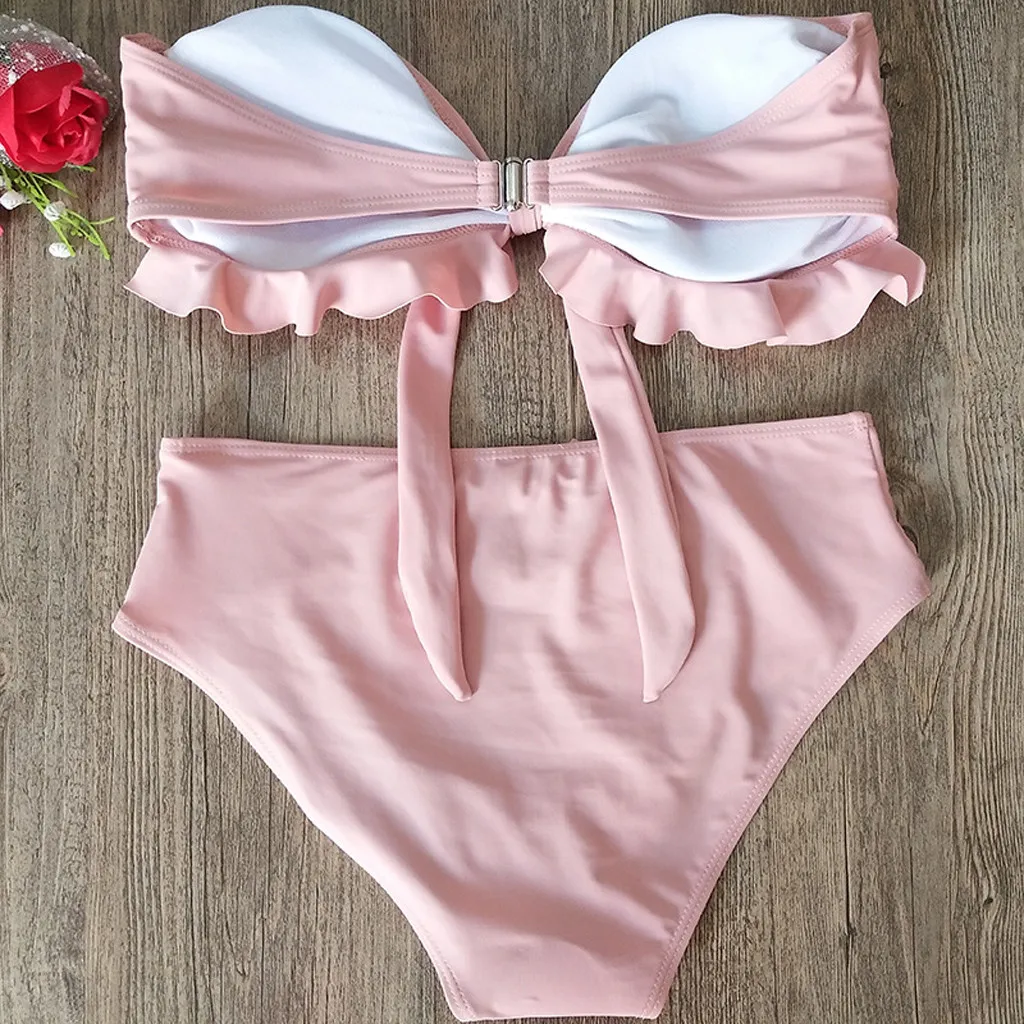 Купальник женский однотонный пикантный раздельный комплект бикини с оборками и