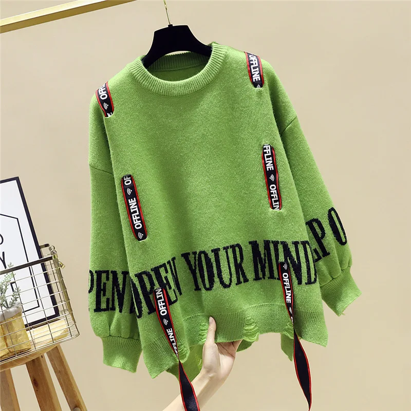 

2019 new Korean version loose cap letter ribbon Lantern Sleeve knitwear women women sweater winter dresses women girls sweaters