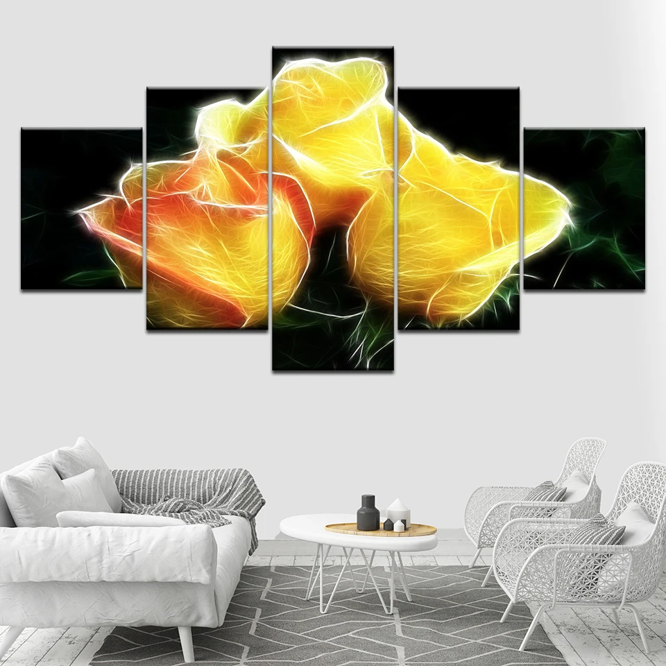 Abstract Yellow Flowers 5 Piece Canvas Wallpapers Modern Poster Modular Art Painting for Living Room Home Decor | Дом и сад