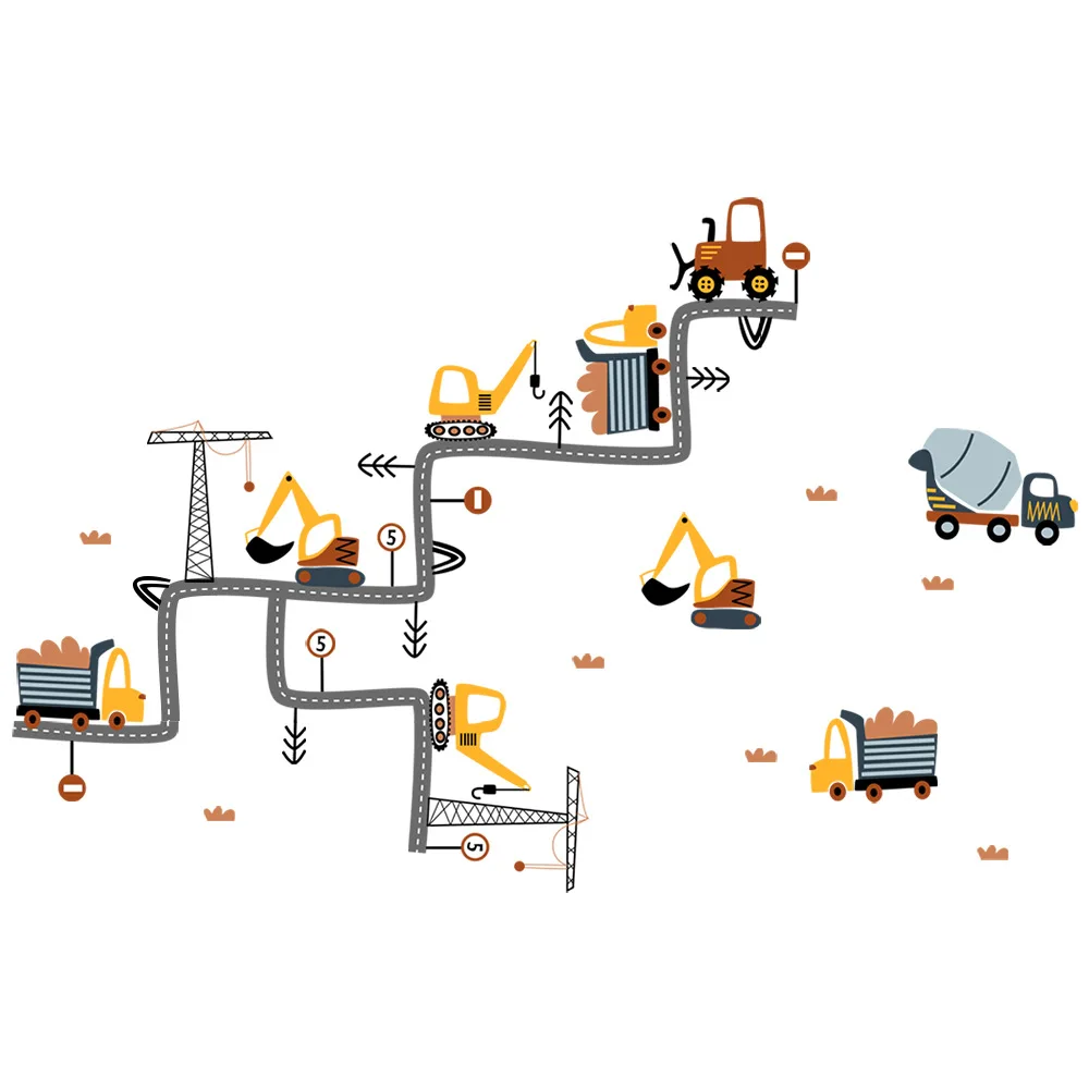 

2021 New Cartoon Construction Truck Excavator Road Wall Paste Kindergarten Children Room Bedroom Decoration Paste Pvc Sticker