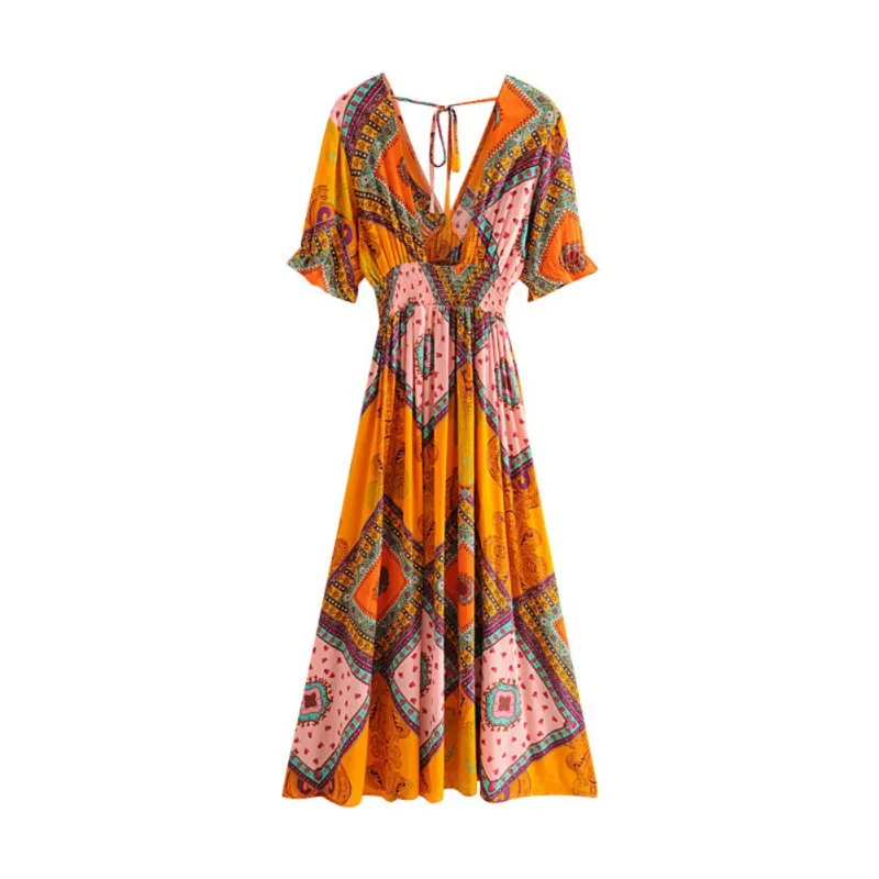 

Vacation Style V-neck Short-sleeved Print Mid-length Beach Dress #L