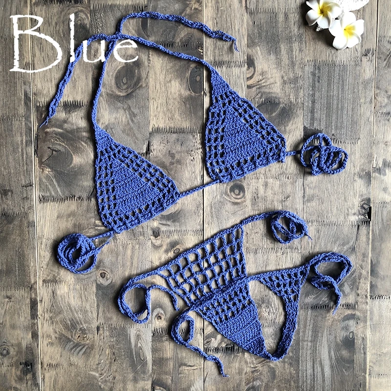 Blue Ручная работа, вязанное крючком микро бикини, стринги, пляжные микро купальники, сексуальное нижнее белье, наборы, горячая Распродажа - Цвет: Blue