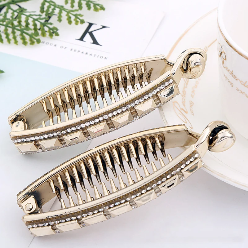 

Banana Hair Clips For Women Girls Shinny Elegant Gold Plastic Ponytail Barrettes Hairpins Ladies Hair Accessories Crystal