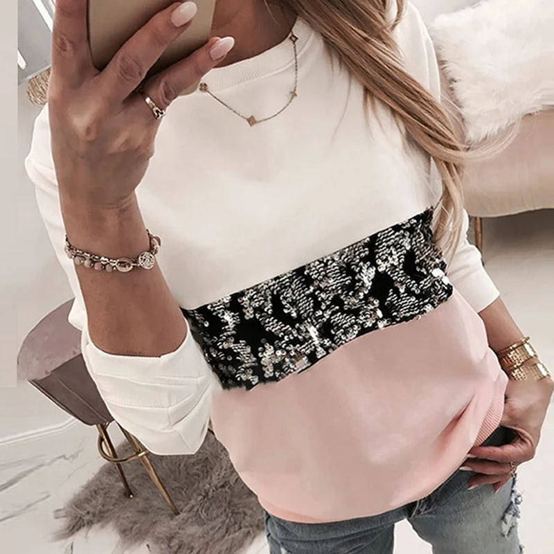 Women Sequins Lips Print Fashionable Sweatshirt Autumn Leopard Long Sleeve Beading Hoodie Lady O-neck Kawaii Sweatshirt Hoodies