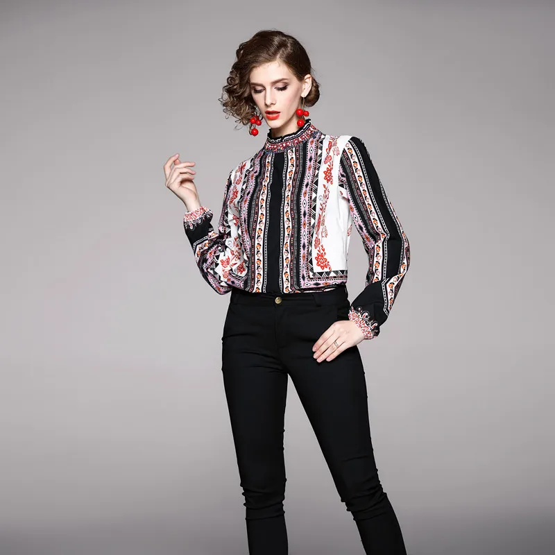 

LUKAXSIKAX 2020 New Spring Autumn Women Stand Collar Long Sleeve Shirt High Quality Vintage Runway Shirt Slim Shirt