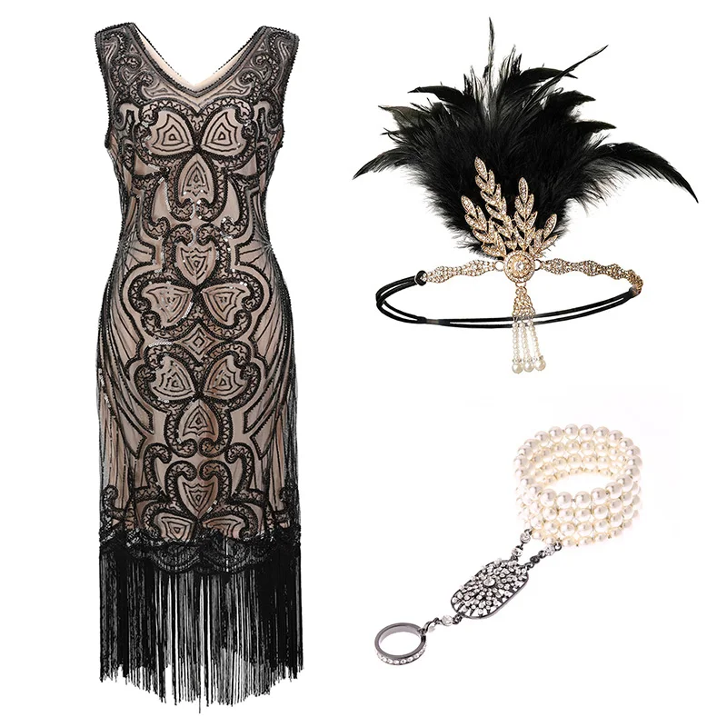 black pink set -a Женские 1920s Гэтсби Хлопушки бахрома платье V шеи бисером блесток платье(розовый/черный/красный/Абрикосовый) S-XXL - Цвет: black pink set -a