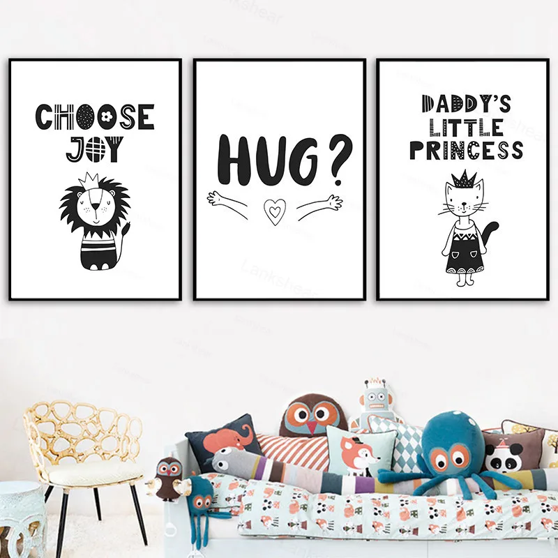 Минималистичная черно-белая Картина на холсте плакат мультяшный Лев кот девочка