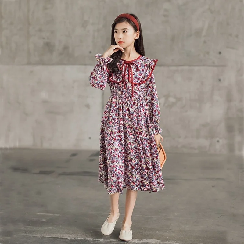 

New Spring Floral Girls Dress Teen Kids Middi Cotton Dress 2022 New Baby Children Clothes Long Sleeve Peter Pan Collar,#6431