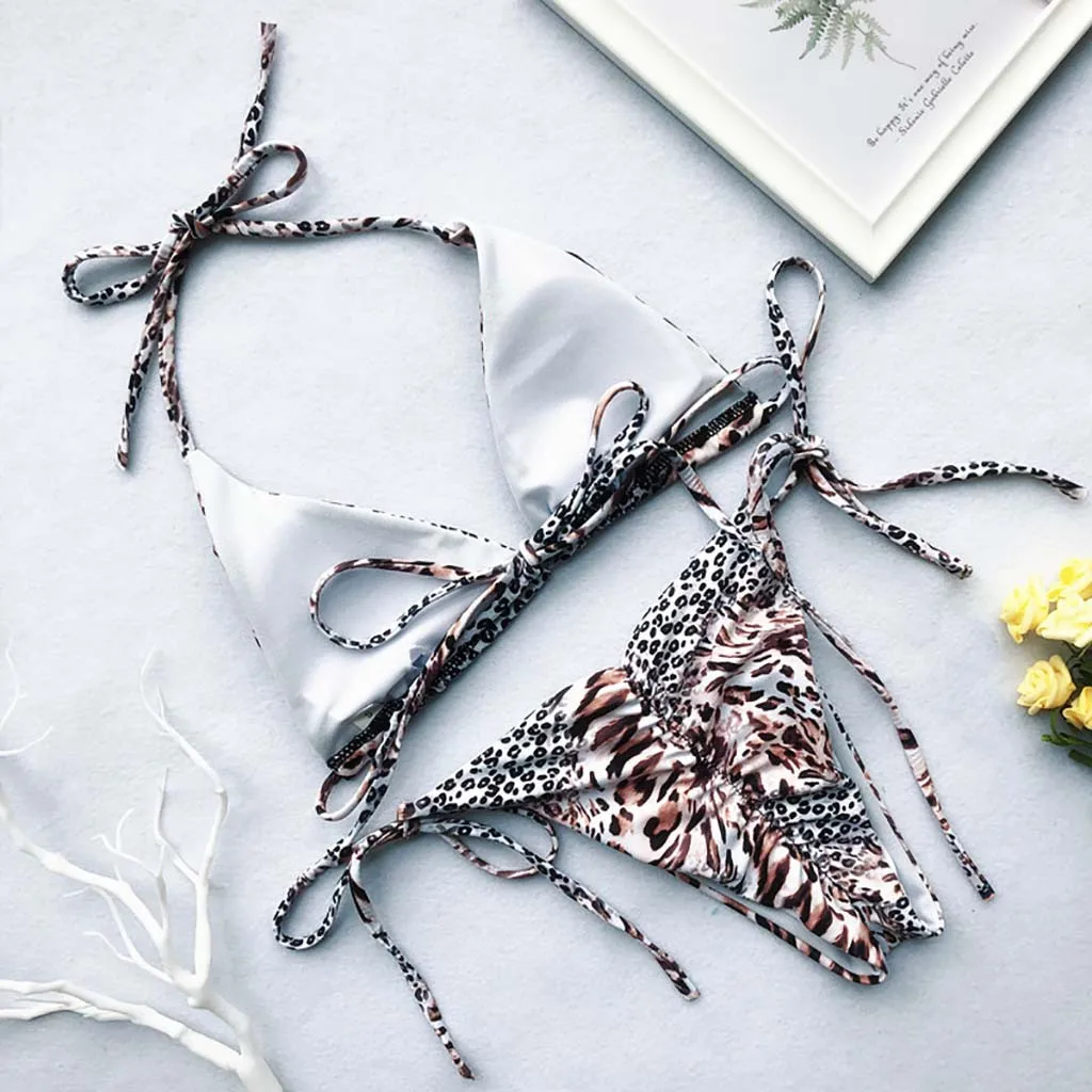 Бикини с лямкой через шею Леопардовый женский купальник пикантный купальный