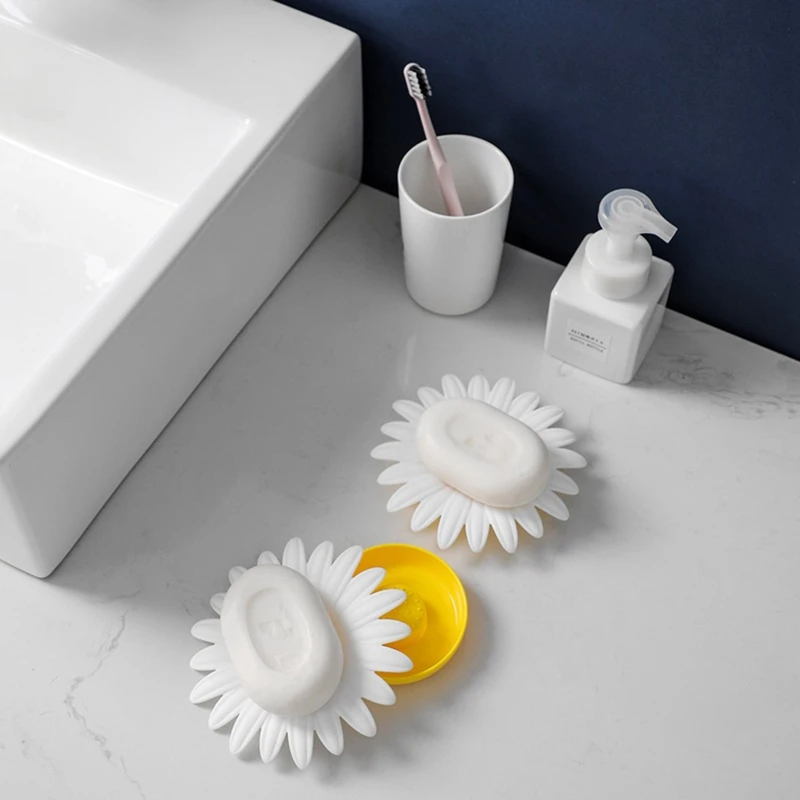 

2 PCS Daisy Flower Soap Box Double-Layer Drain Soap Holder Bathroom Soap Dish Sink Sponge Drain Box Bathroom Accessories