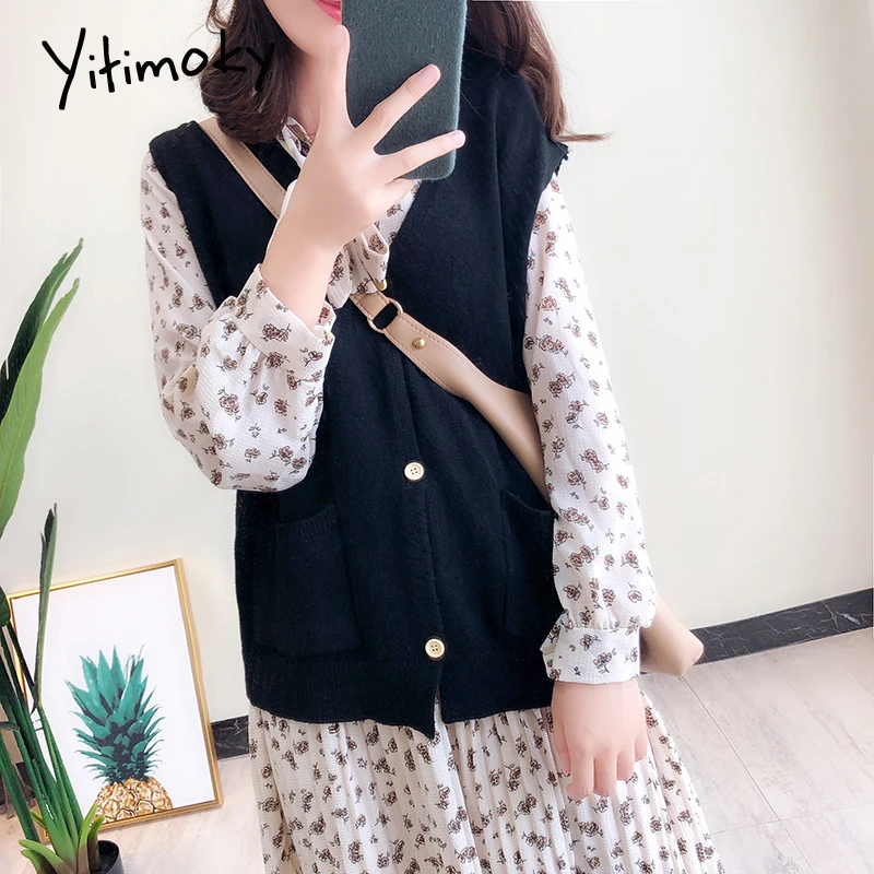 Желтый свитер жилет женский кардиган без рукавов 2019 Модный однобортный