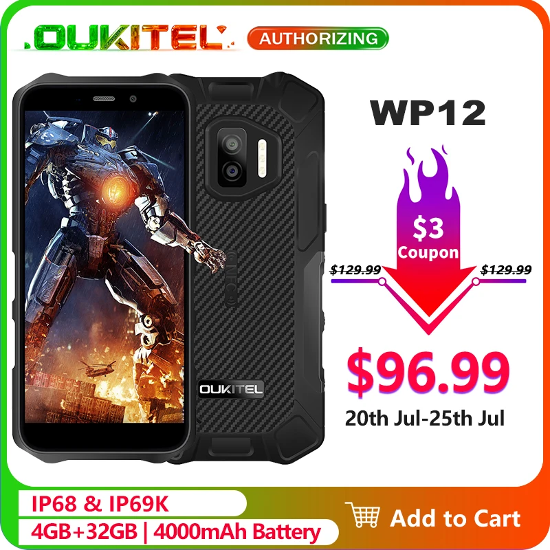 Фото OUKITEL WP12 IP68 Водонепроницаемый Android 11 прочный смартфон 5 ''HD + Дисплей 4 Гб 32 ГБ Helio A22 NFC 4000 мАч мобильный