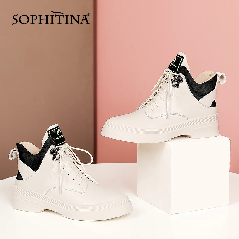 Jual SOPHITINA Untuk Wanita Leisure Nyaman Kualitas Tinggi Kulit Asli Sepatu Bot Round Toe Renda Sepatu Flat Wanita SO631