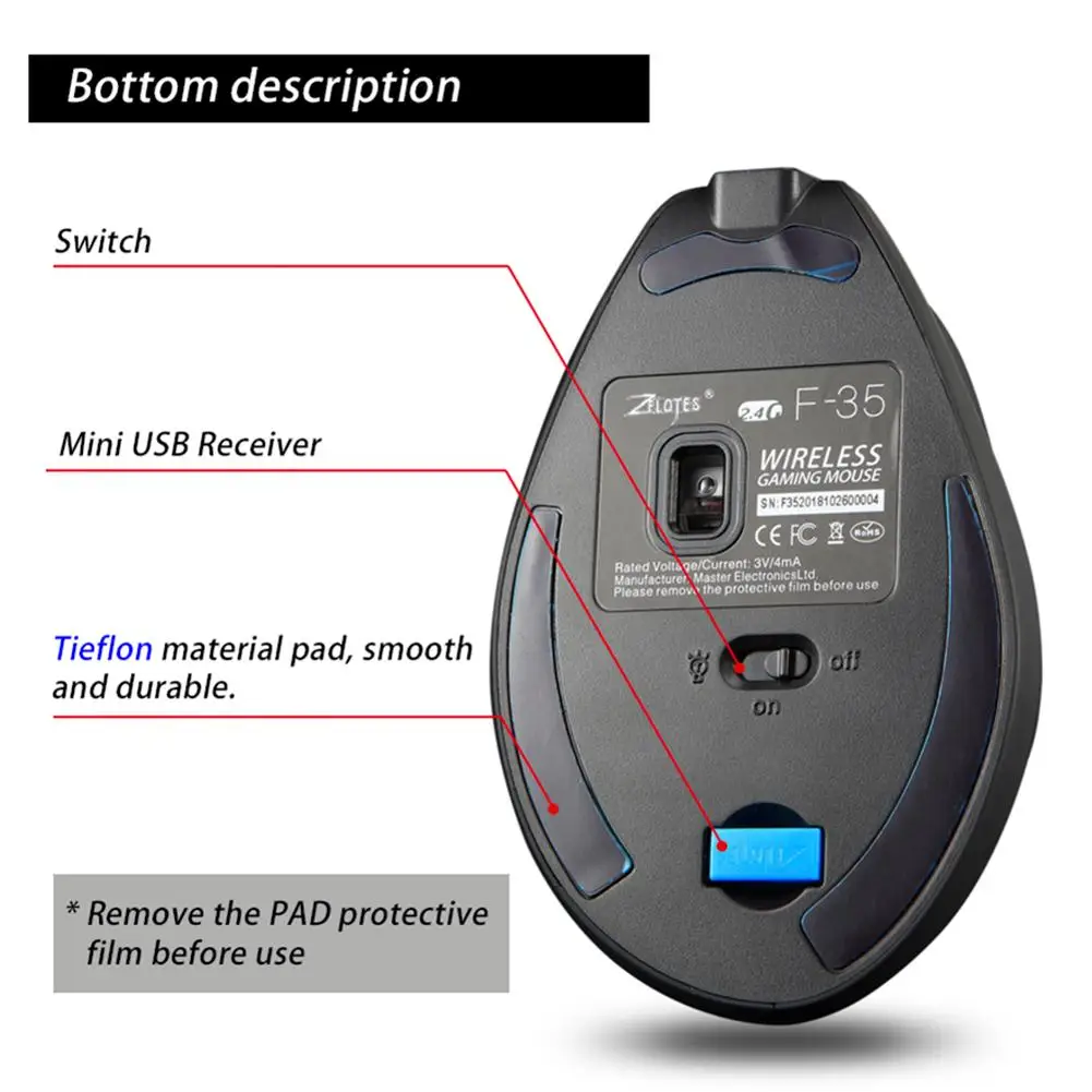 

ALLOYSEED F-35 Wireless 2.4GHz Rechargeable Vertical Mice 6 Buttons 2400 DPI Adjustable Ergonomic Optical Gaming Computer Mouse