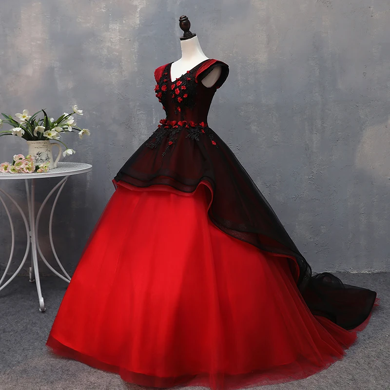 Винтажное длинное бальное платье на заказ Черное и красное Quinceanera принцесса