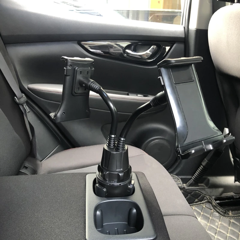 Dual Car Phone+Tablet Mount Flexible Gooseneck Car Cup Mobile Phone Holder Stand Cradle for 4-13" Cell Phones Tablets