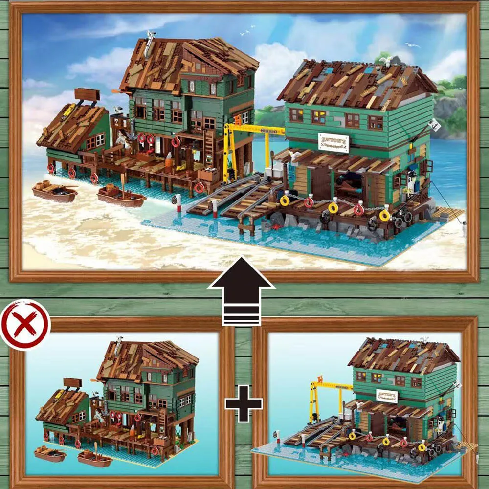 

UG30106 Ideas Expert Creator Boat House Shipyard 2621Pcs Moc Modular Model Old Fishing Store Building Blocks Bricks House Diner