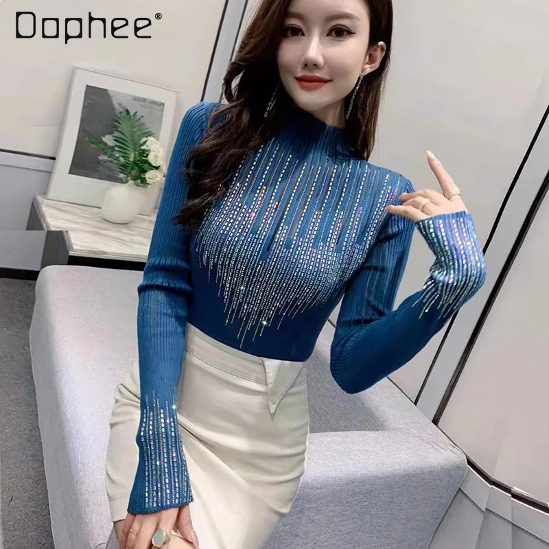 

Embroidery Drilling Lace Knitwear Women 2021 New Winter Turtleneck Bottoming Pullovers Female Long Sleeve Slimming Jumper