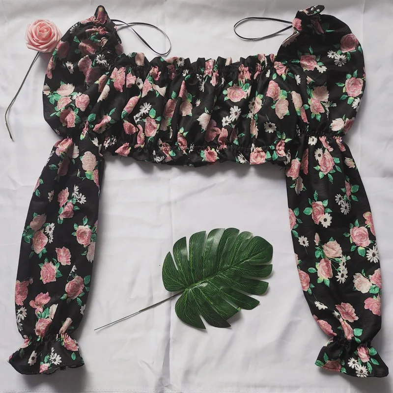 

Women Short Chiffon Blouses Women Print Blouse Bubble Sleeve Fashion Pullover Shirts