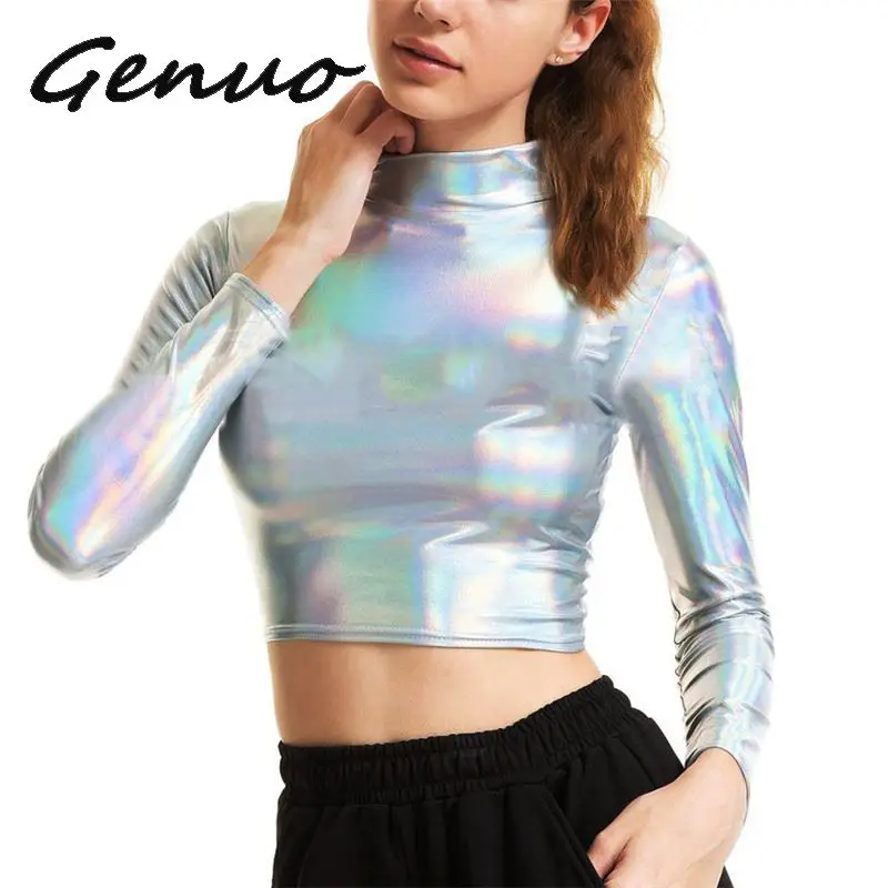 Женский укороченный Топ с длинным рукавом жидкий металлик водолазка в стиле панк
