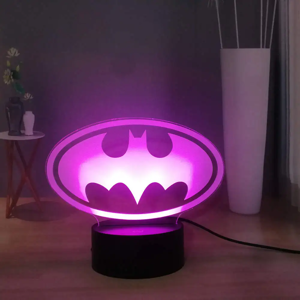 3D классная Настольная лампа с логотипом Бэтмена, RGB, 7 цветов, USB светодиодный Ночной светильник, прикроватная лампа супергероя Marvel, подарки для детей, подарок на день рождения