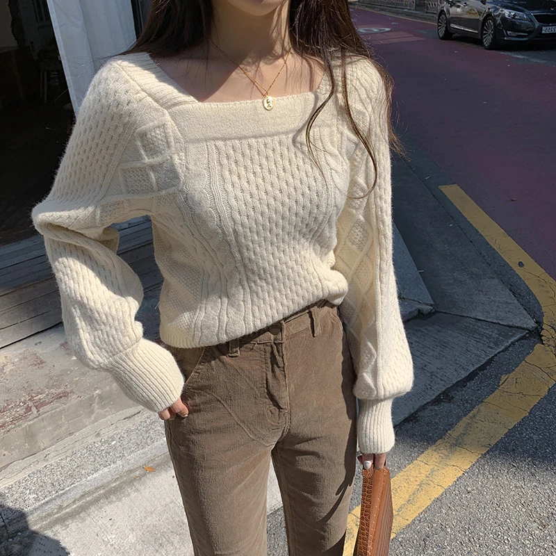 

Korean Autumn Winter Square Collar Sweater Woman Autumn Long Sleeve Casual Solid Knitting Pullover Woman Jumper Keep Warm Knit T