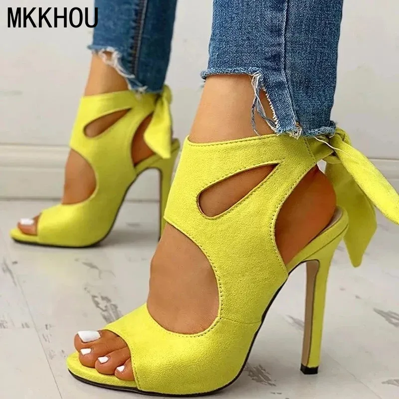 

MKKHOU Fashion Sandals Women's New Suede Simple Fish Mouth Lace Stiletto All-match Ladies High Heels Large Size 35-44