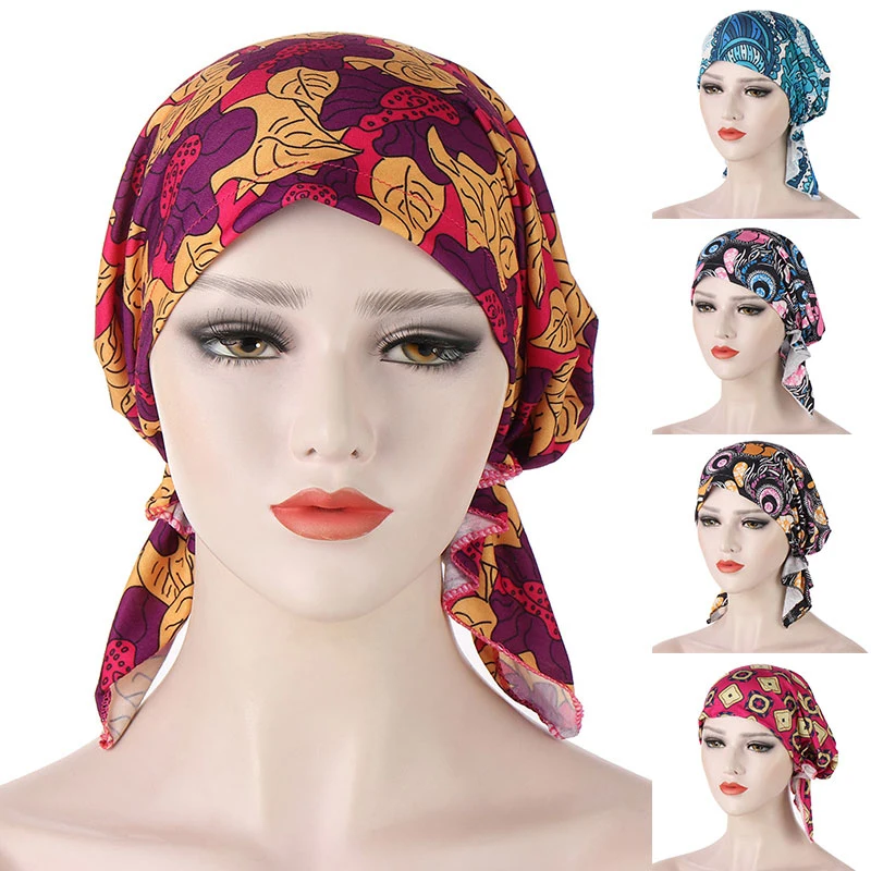 

2021 New Curved Flower Cloth Two Tail Turban Hat Western Style Muslim Breathable Baotou Hat Simple Turban Hat Chemotherapy Hat