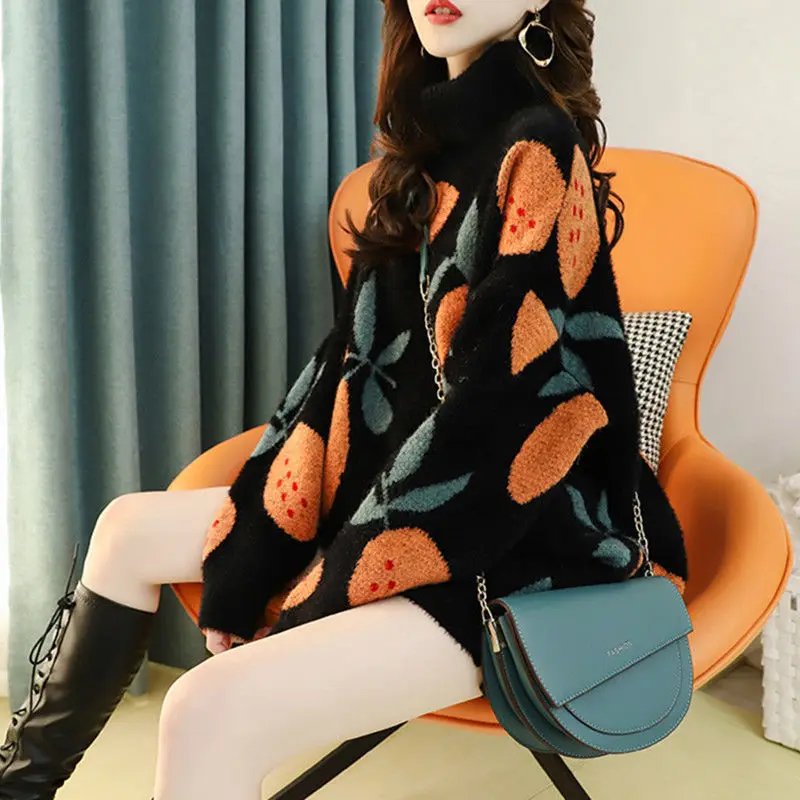

2021 Autumn Winter Sweaters Pullover Fruit Pattern Long Sleeve Sweater Women Turtleneck Knitted Jumpers Sweater Mujer Y275