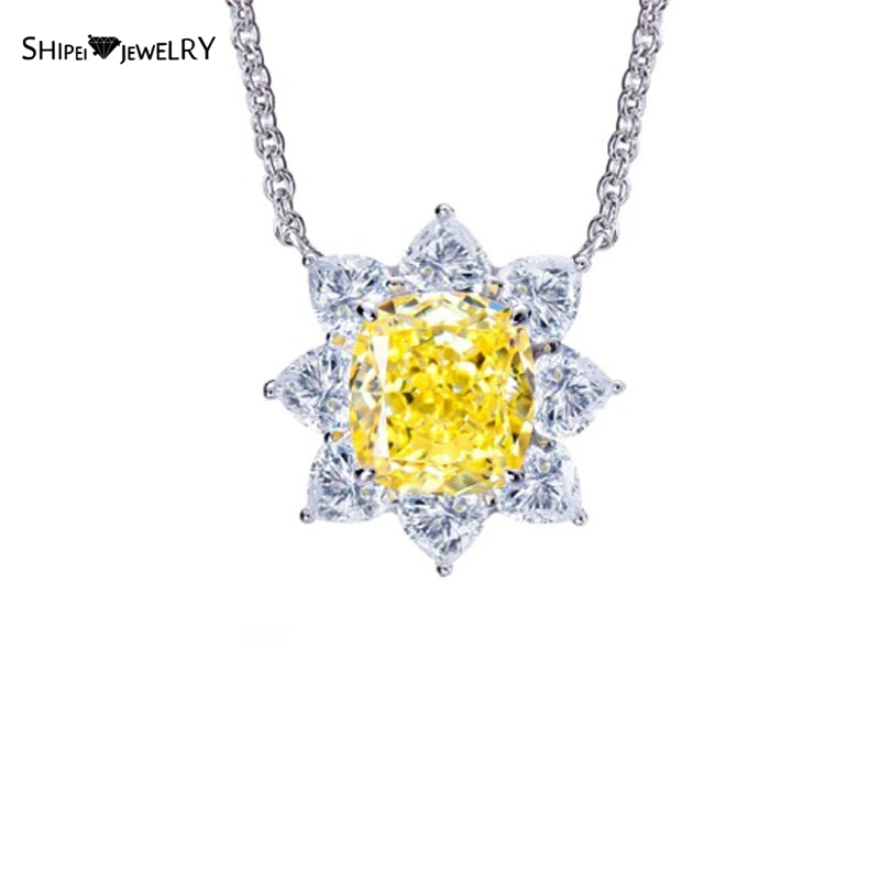 

Shipei 925 Sterling Silver Radiant Cut Created Moissanite Citrine Gemstone Wedding Party Pendant Necklace Neck Fine Jewelry Gift