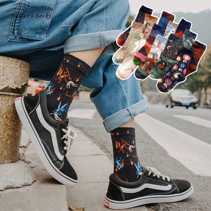 

Personality Fashion Flame Painting Men and Women Socks Cotton Colorful Graffiti Harajuku Hip Hop Skateboard Funny Soft Sockings