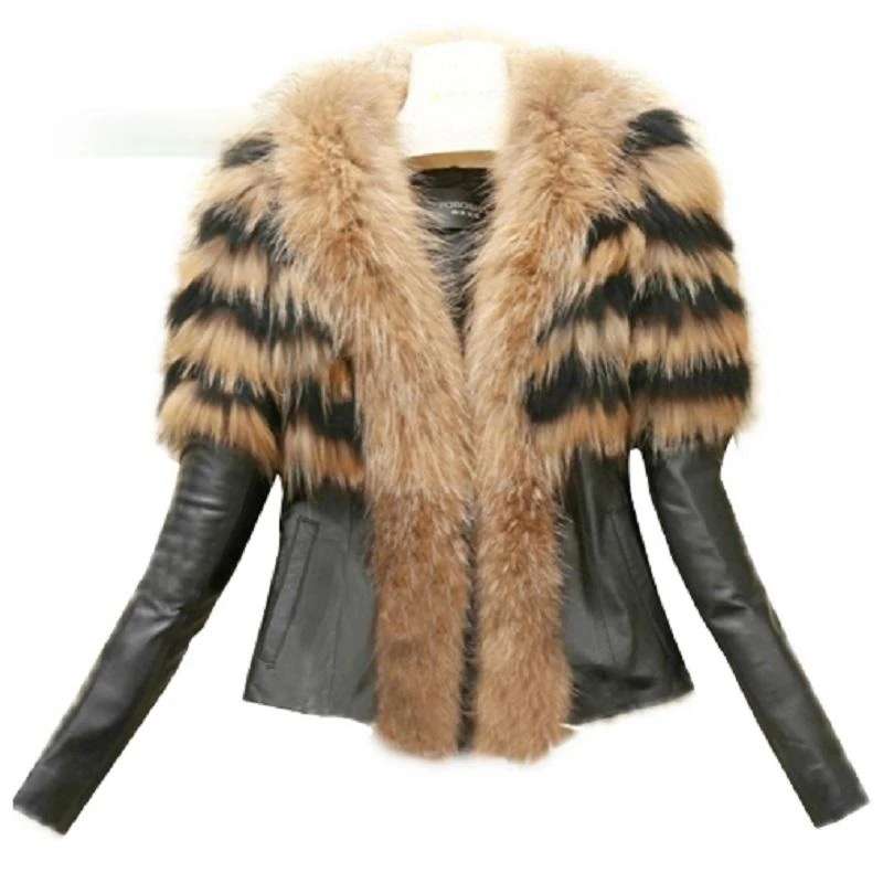 

Zoulv 2021 Lady Slim Fit Zipper PU Leather Jacket Fluffy Leopard Patchwork Short Outerwear Plus Size Autumn Women Faux Fur Coat