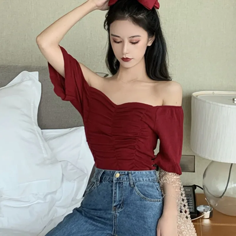 

oioninos Women's T-Shirt Solid Square Collar Casual Knitted Short Sleeve T-Shirt