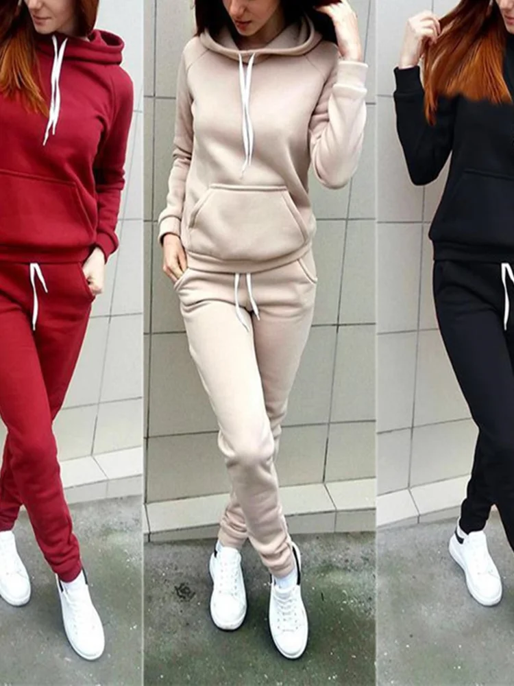 

New European and American Fleece Sports Suit Women's Fall/winter Fashion Casual Solid Color Sweater Suit Long-sleeved Trousers