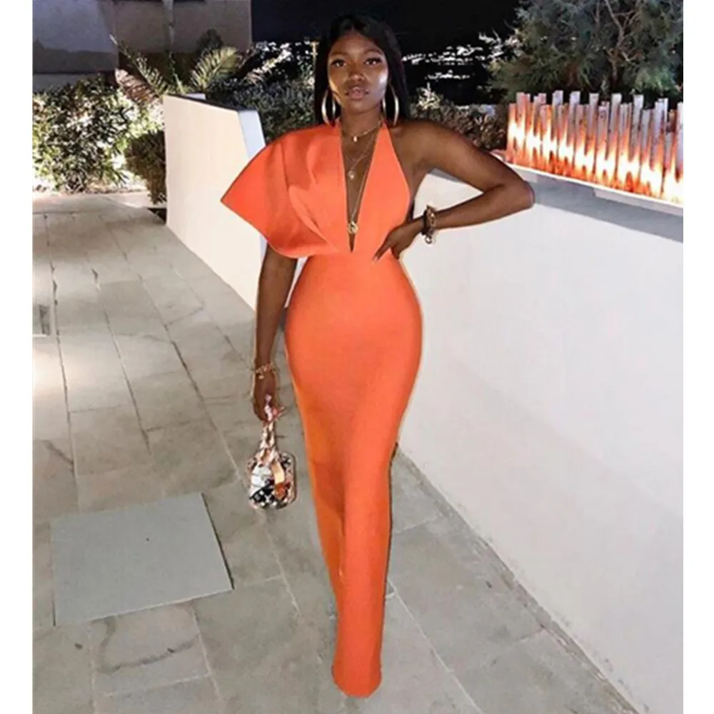 

Women Luxury Sexy Short Sleeve V Neck Orange Maxi Long Bandage Dress 2021 Designer Fashion Evening Party Dress Club Vestido