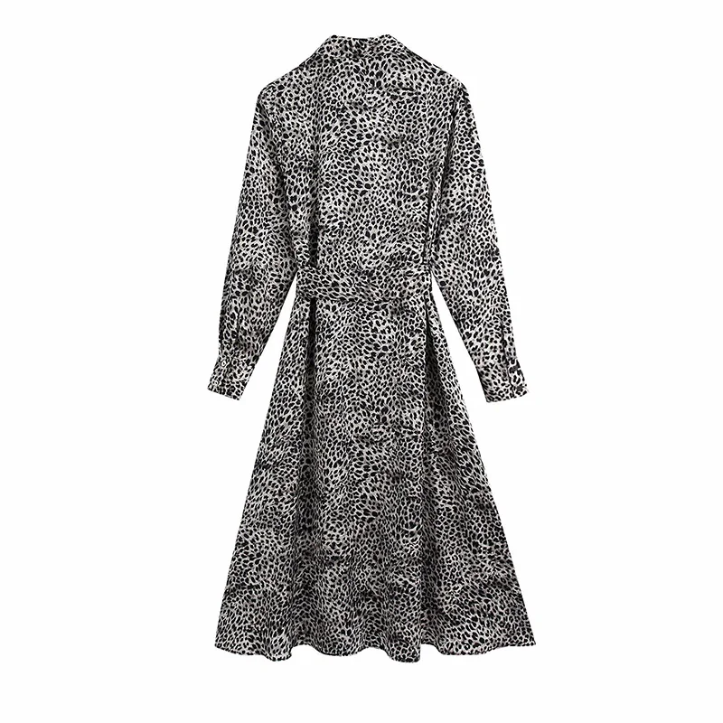 

Lightly Cooked Animal Print Silk Satin Texture Dress 2021 New Spring Summer Long Sleeve Shirt Collar Leopard Casual Long Dresses