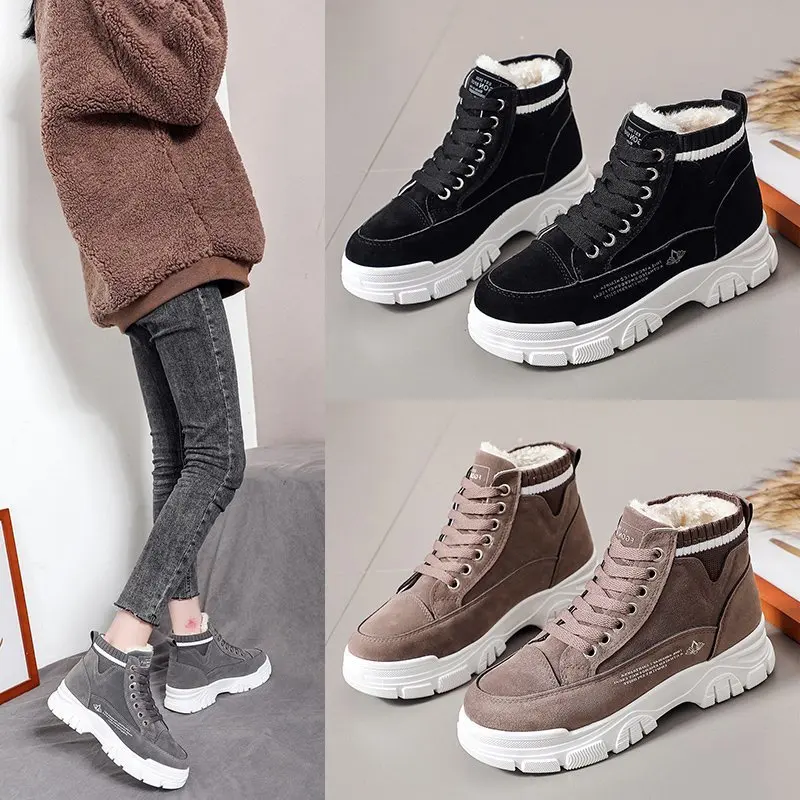 

Зимние женские ботинки, зимние ботинки на платформе, женская повседневная обувь, модные кроссовки на шнуровке, теплая плюшевая женская обув...