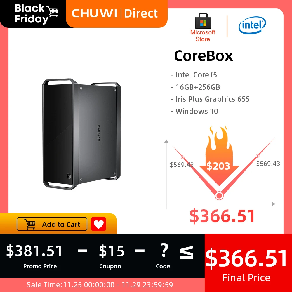 CHUWI CoreBox Windows 10 PC Gamer Intel Core i5-8259U Up to 3.8 GHz 16GB RAM 256GB SSD Iris Plus Graphics 655 Desktop Computer