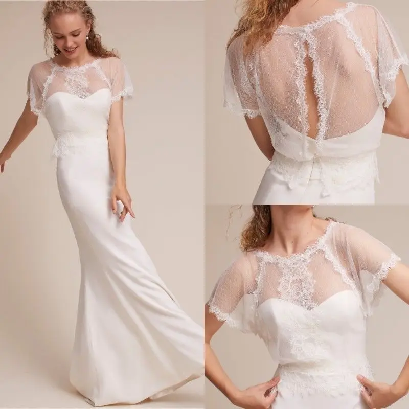 

New Sexy Women's Tulle Lace Short Sleeve Wedding White Ivory Bolero Cap Jackets Sheer Boleros Custom Made Bridal Jacket