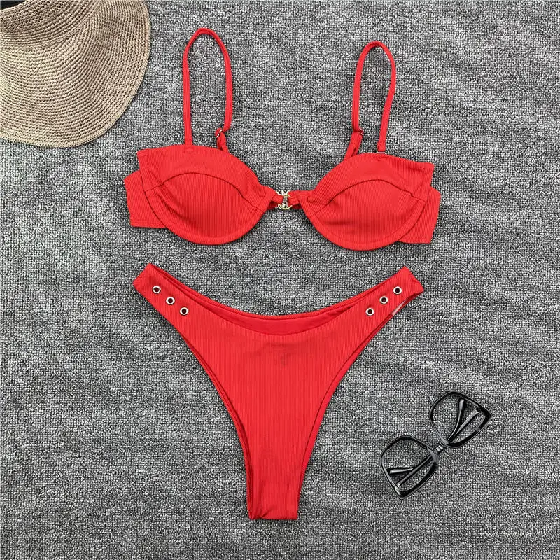 

Ribbed Solid Bikini for Women Push Up Underwire Swimsuit Two Piece Bather High Cut Biquini Beachwear Female Bathing Suit 2021