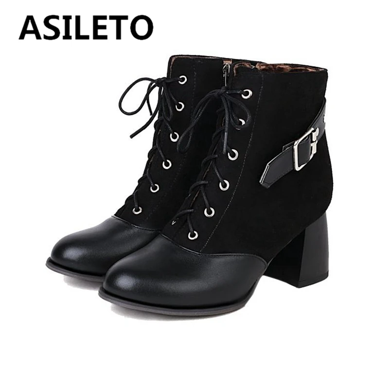

ASILETO Ankle Boots Ladies Round Toe Chunky Heel Flock Zipper Lace-up Buckle Plus Size 32-48 Black Yellow Concise Autumn S2641