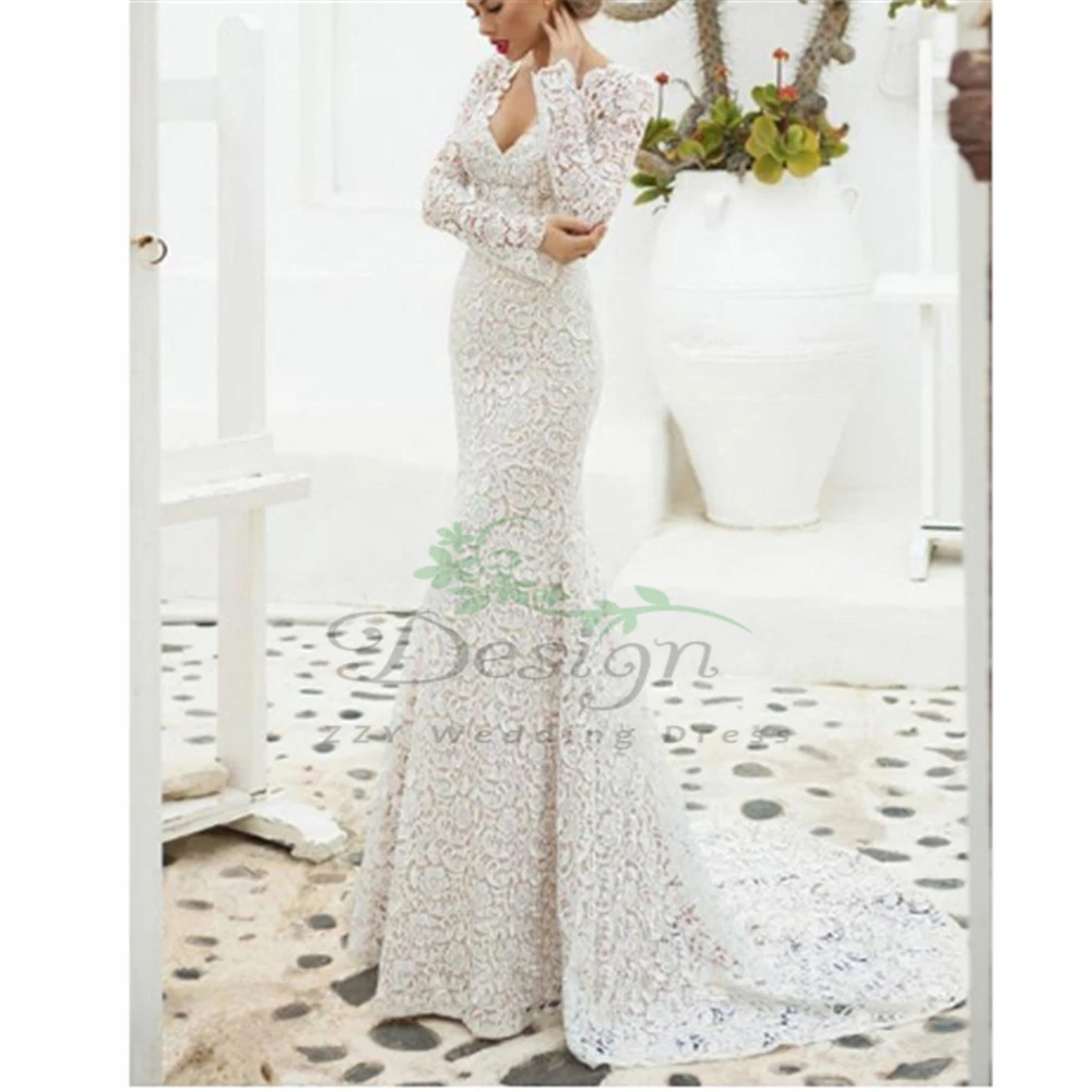 

Charming Deep V-Neck Ivory vestidos de boda Long Sleeves Illusion Court Train Lace Mermaid/Trumpet Wedding Dresses 2023
