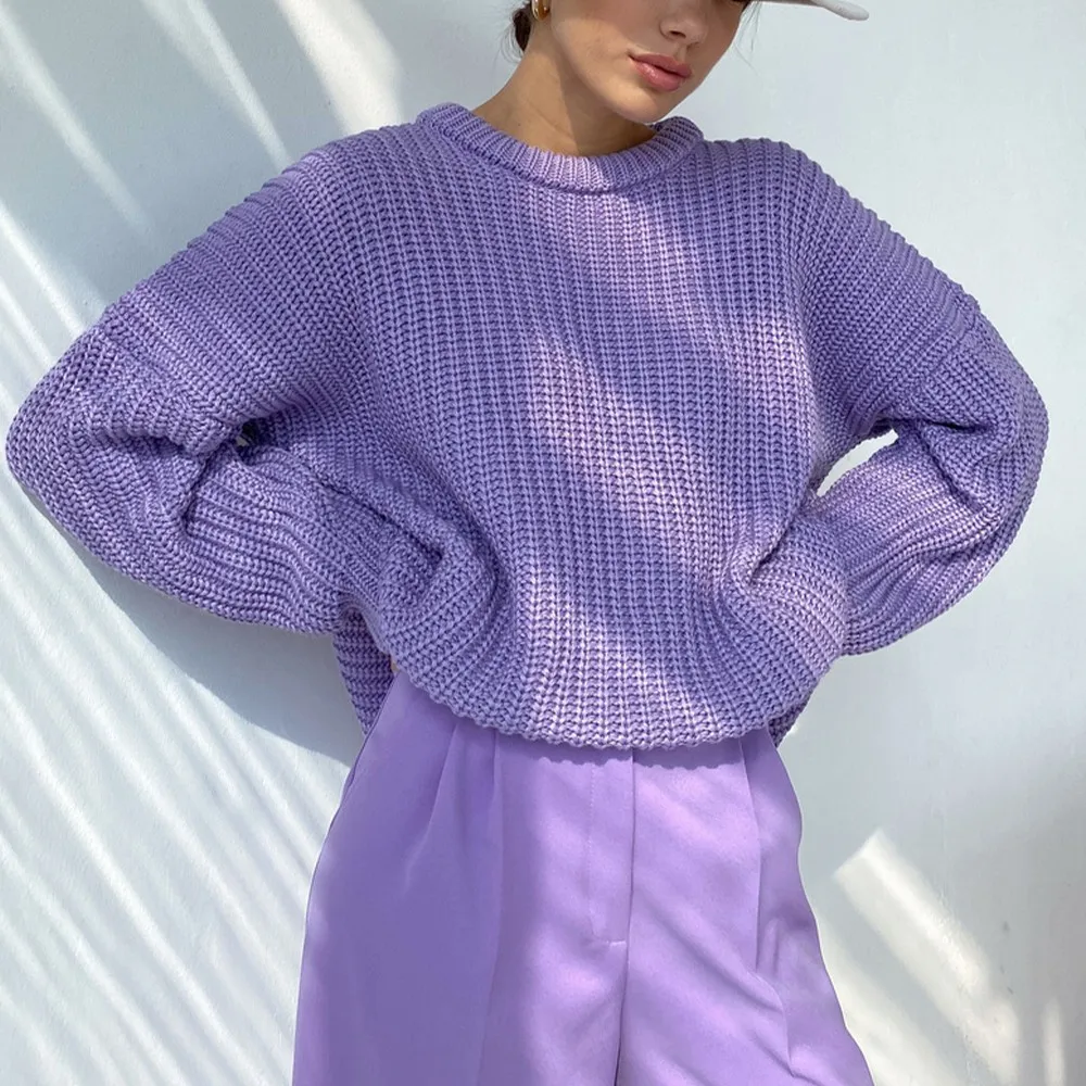 

Женский вязаный свитер с длинным рукавом, теплый повседневный джемпер, пуловер, блузка, топы, свитер большого размера, свободный, карамельны...