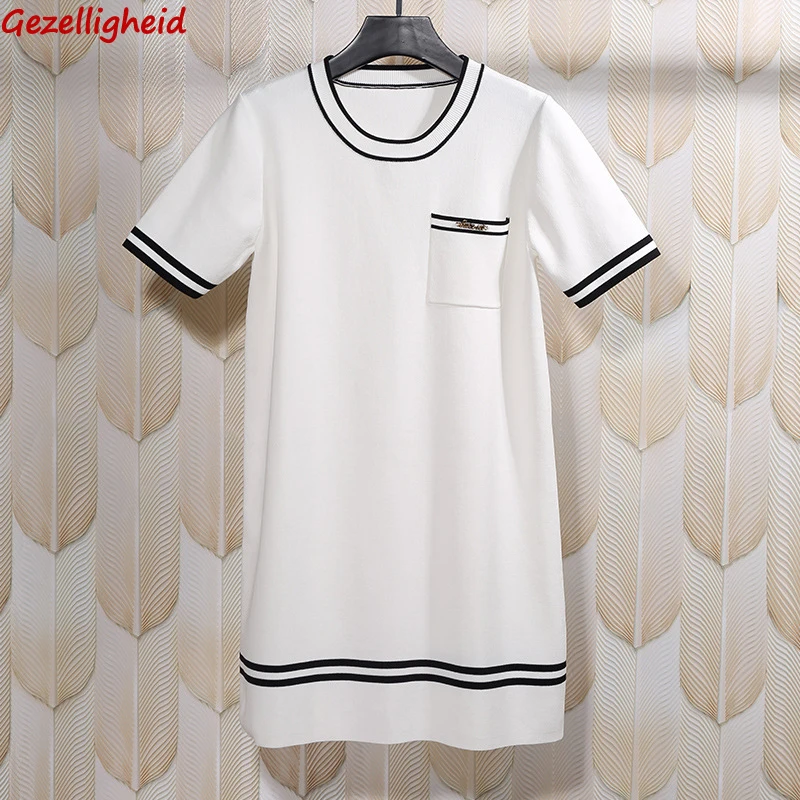 

Gezelligheid Dresses For Women 2021 Runway Fashion Elegant Casual Knitting Solid Round Neck Pullover Slim Female Midi Dress