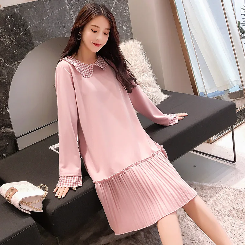 Осенние плиссированные платья Одежда для беременных женщин кукольный воротник с